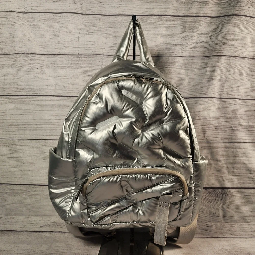 Go Dash Dot Maya Mini Backpack Silver Metallic Quilted Puffer Bag NEW